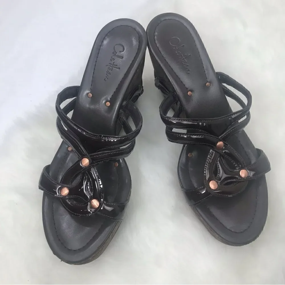 Cole Haan Brown  Medallion Keyhole Strappy Chunky Cork Wedge Retro Sandals